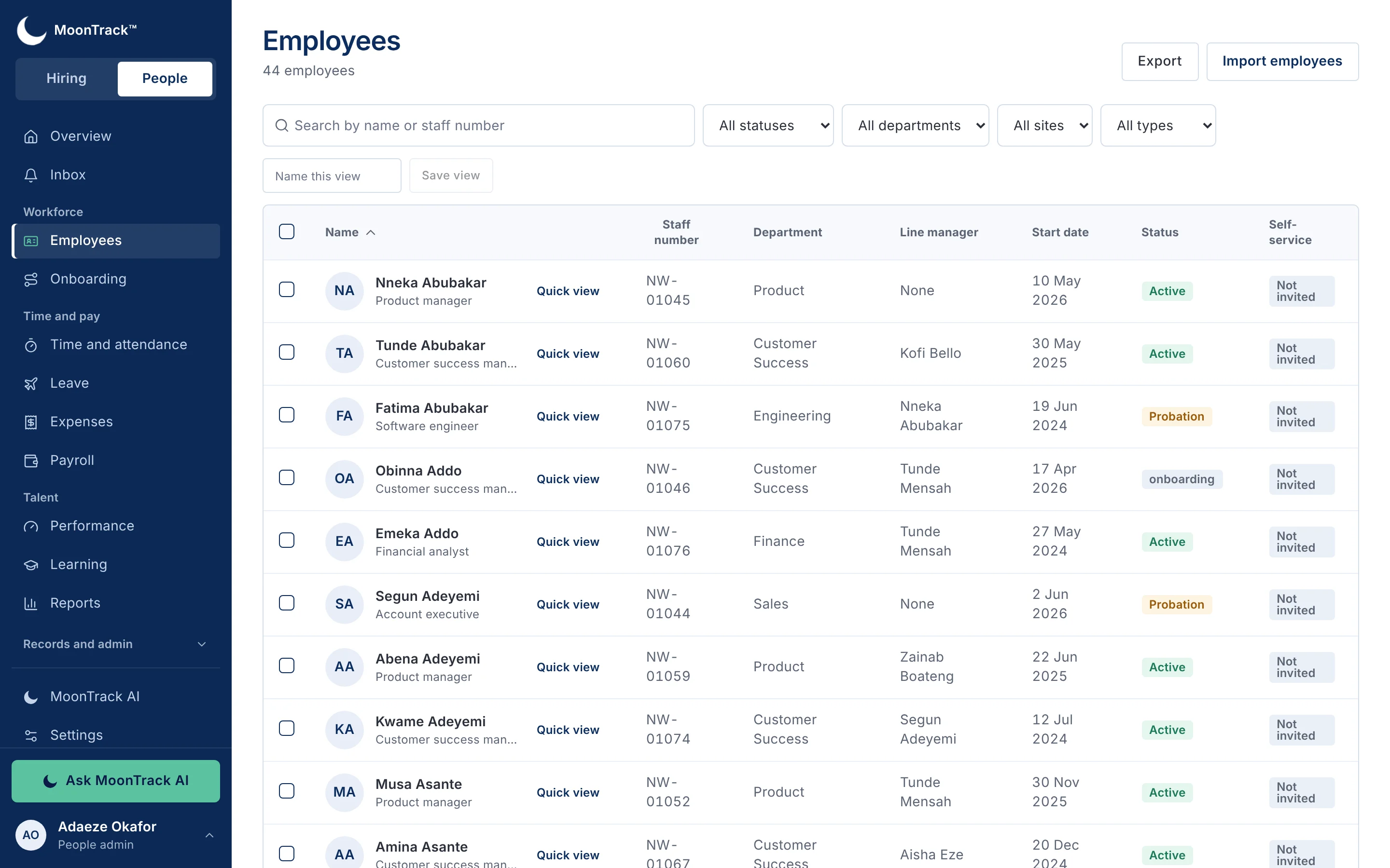 MoonTrack HR People directory listing employees with staff number, employment type, start date and status.