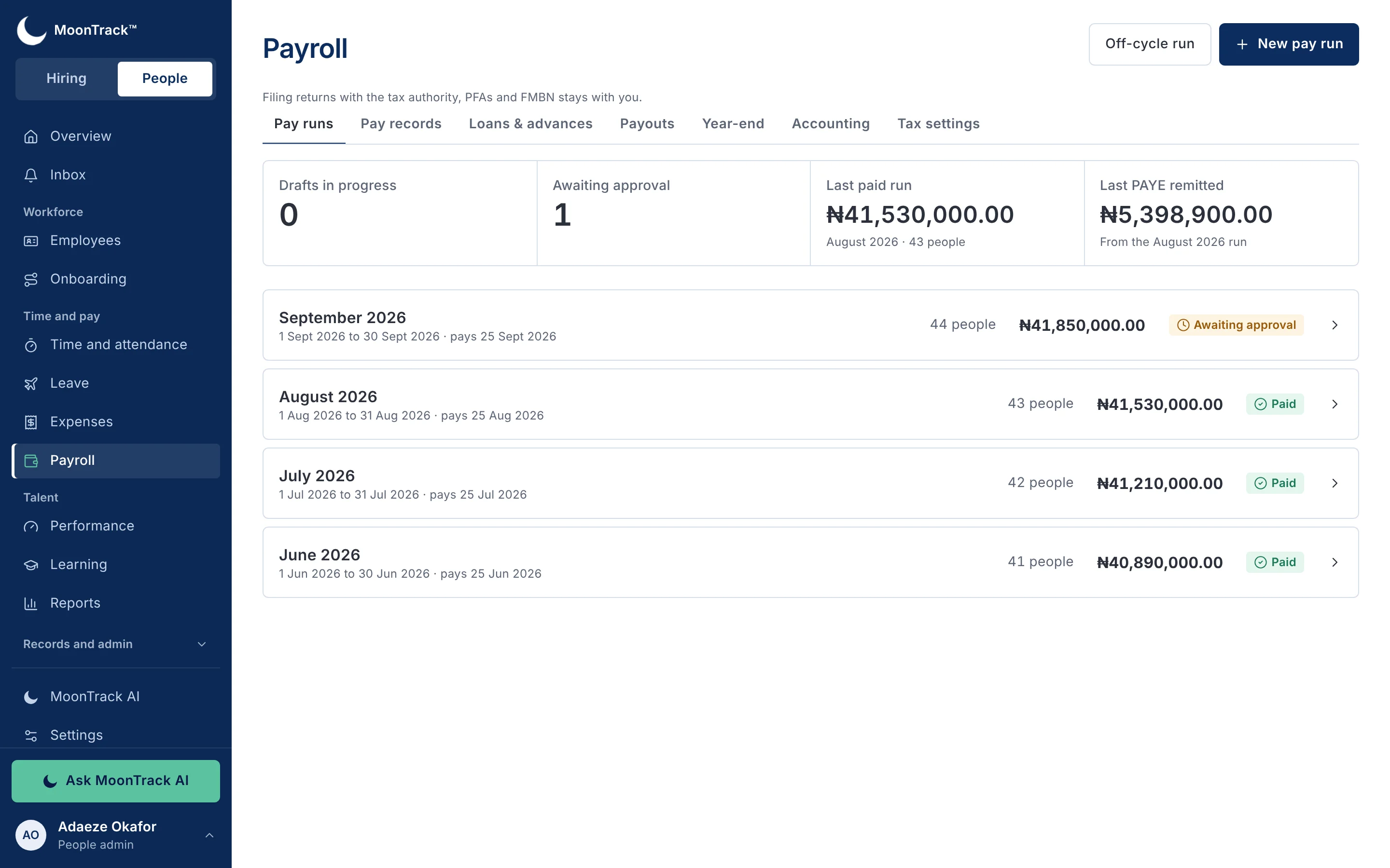 MoonTrack HR Payroll: pay runs by month with headcount, gross total and status, awaiting approval or paid.